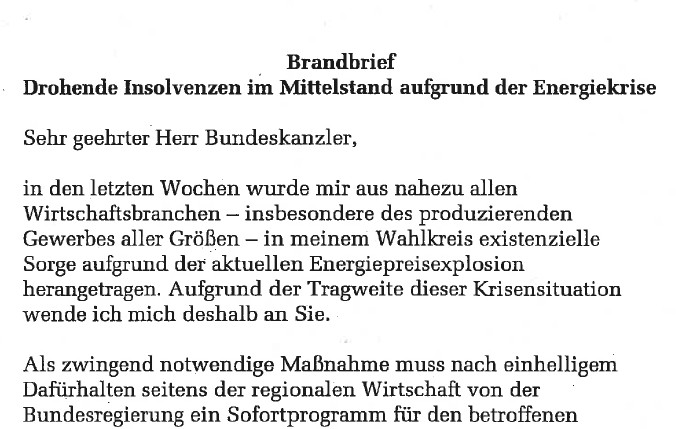 Brandbrief von MdB Albert Rupprecht an Bundeskanzler Olaf Scholz